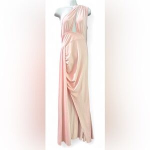 Pink Draped One-Shoulder High Slit Maxi Party Dress Women’s Size L